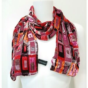 Shihreen Scarf Womens OS Red Purple Geometric Burnout Velvet Silk Rayon 54"x10"